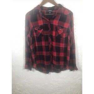 Torrid Shirt Top Women Size 0 Button Front Black-Red Plaid Long Sleeve Holiday